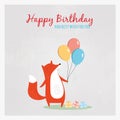 Happy Birthday Greeting Card with a fox holding balloons