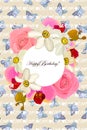 Happy Birthday! Greeting card with a frame of flowers roses, orchids, daffodils. eps10 vector stock illustration. Royalty Free Stock Photo