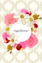 Happy Birthday! Greeting card with a frame of flowers roses, orchids, daffodils. eps10 vector stock illustration. Royalty Free Stock Photo