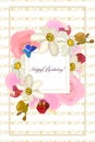 Happy Birthday! Greeting card with a frame of flowers roses, orchids, daffodils. eps10 vector stock illustration. Royalty Free Stock Photo