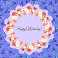 Happy Birthday! Greeting card with a frame of flowers roses, orchids, daffodils.  eps10 vector stock illustration. Royalty Free Stock Photo