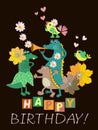 `Happy Birthday!` Greeting Card With Funny Crocodiles Family, Little Birds, Trumpet And Flowers On Black Background