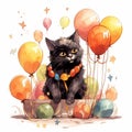 Happy Birthday greeting card with a funny cute black cat. art design, illustration . Ai generated Royalty Free Stock Photo