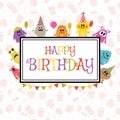 Happy Birthday greeting card with funny monsters. Cute birthday Royalty Free Stock Photo