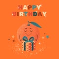 Happy Birthday Greeting Card With Funny Orange Character