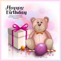 Happy birthday greeting card. Gift box with pink ribbon, cute pink teddy bear and balloon. Vector.