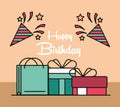 Happy birthday greeting card gift boxes and horn celebration Royalty Free Stock Photo