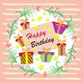 Happy birthday. Greeting card. Gift boxes . Royalty Free Stock Photo