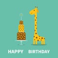 Happy Birthday greeting card. Giraffe spot. Long neck. Cute cartoon character. Cake with dots and fire shining candle. Baby card.