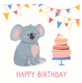 Happy birthday greeting card with a gray koala. Vector postcard in cartoon style with a cute bear and a festive Royalty Free Stock Photo