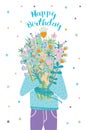 Happy birthday greeting card. Guest with flower bouquet. Vector illustration, cartoon postcard.