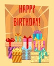 Happy birthday greeting card with a heap of gift boxes