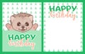 Happy birthday greeting card with kawaii doodle hedgehog, cute cartoon drawing animal, editable vector illustration