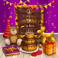 Happy birthday greeting card. Lots of presents and toys. Party hats, teddy bear, cake, dog balloon, box of chocolates