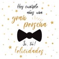 Happy birthday greeting card. Man`s accessories decoration for banner template. Black bow tie butterfly. Text en spanish