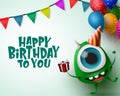 Happy birthday greeting card with monster character vector background template. Royalty Free Stock Photo