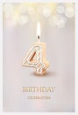 Happy birthday greeting card with 4 number candle, 3d candlelight template design