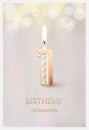 Happy birthday greeting card with 1 number candle, 3d candlelight template design