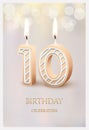 Happy birthday greeting card with 10 number candles, 3d candlelight template design Royalty Free Stock Photo