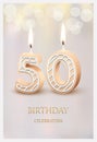 Happy birthday greeting card with 50 number candles vector illustration. 3d candlelight in poster design for anniversary Royalty Free Stock Photo