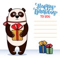 Happy birthday greeting card with panda holding a gift Royalty Free Stock Photo