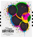 Happy birthday greeting card. Paper balloons with colorful borders. Drops color on background. Vector illustration. Royalty Free Stock Photo