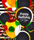 Happy birthday greeting card. Paper balloons with colorful borders. Drops color on background. Vector illustration.