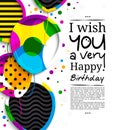 Happy birthday greeting card. Paper balloons with colorful borders. Drops color on background. Vector illustration. Royalty Free Stock Photo