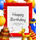 Happy Birthday Greeting Card. Party Balloons, Red Frame For Your Text, Cake, Gift Box, Confetti And Ribbons. Vector.