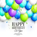 Happy birthday greeting card. Party colorful balloons, streamers, confetti and stylish lettering. Vector.