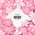 Happy birthday greeting card and party invitation template with beautiful flowers. Vector illustration. Royalty Free Stock Photo