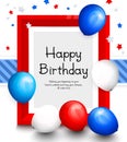 Happy birthday greeting card. Party multicolored balloons, red frame for your text, blue ribbon on background. Vector. Royalty Free Stock Photo