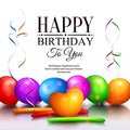 Happy birthday greeting card. Party multicolored balloons, streamers and stylish lettering. Vector. Royalty Free Stock Photo