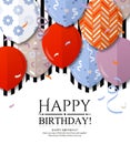 Happy Birthday greeting card with patterned balloons in flat style. Confetti and black stripes on background. Vector.