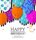 Happy Birthday greeting card with patterned balloons in flat style. Confetti and black stripes on background. Vector.