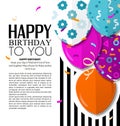 Happy Birthday greeting card with patterned balloons in flat style. Confetti and black stripes on background. Vector.