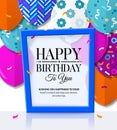 Happy Birthday greeting card with patterned balloons in flat style. Stylish lettering in blue frame. Vector.