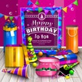 Happy birthday greeting card. Pile of colorful wrapped gift boxes. Lots of presents. Party hats, photo frames, soap