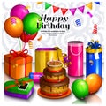 Happy birthday greeting card. Pile of colorful wrapped gift boxes. Lots of presents and toys. Party balloons, bunting Royalty Free Stock Photo