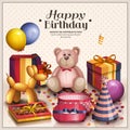 Happy birthday greeting card. Pile of colorful wrapped gift boxes. Lots of presents and toys. Party balloons, playing