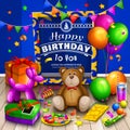 Happy birthday greeting card. Pile of colorful wrapped gift boxes. Lots of presents and toys. Party balloons, teddy bear Royalty Free Stock Photo