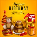 Happy birthday greeting card. Pile of colorful wrapped gift boxes. Lots of presents and toys. Party hats, teddy bear