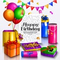 Happy birthday greeting card. Pile of colorful wrapped gift boxes. Party balloons, box chocolates, bunting flag and