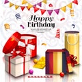 Happy birthday greeting card. Pile of colorful wrapped gift boxes. Playing ball, bunting flag and confetti. Ornament