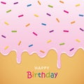 Happy birthday greeting card with pink melting icing and colorful sprinkles