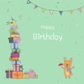 Happy Birthday greeting card with place for your text,celebration on green background with gift boxes,confetti,bunting and animal Royalty Free Stock Photo