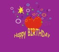 Happy birthday greeting card on purple background. Happy, positive, optimistic, glad, joyous, cheerful mood. Royalty Free Stock Photo