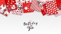 Happy Birthday greeting card with red and white gift boxes. Pile of presents in colorful wrapped with different patterns Royalty Free Stock Photo