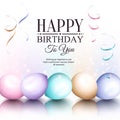 Happy birthday greeting card. Retro vintage pastel party balloons, streamers, and stylish lettering. Vector.