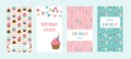 Happy birthday greeting card set and party invitation templates, with ice cream, donut and muffin patterns. birthdy